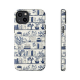 Bookshelf Phone Case - Blue and White Floral Books Protective Cover for iPhone, Samsung, Pixel