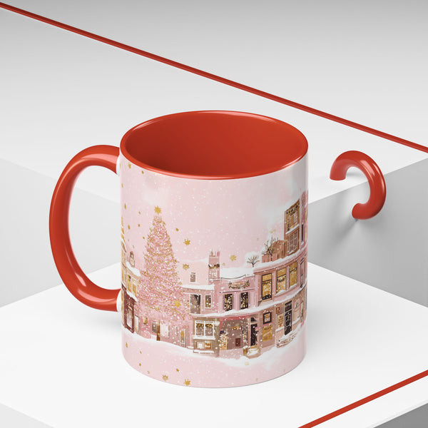 Pink Christmas Town Mug - Festive Holiday Village Art Cup for Coffee, Tea, Hot Chocolate