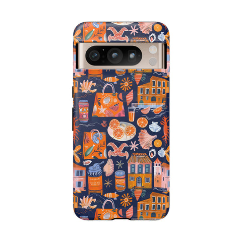 Citrus Coast Collage Phone Case - Blue Orange Trendy Coastal Art Protective Phone Cover for iPhone, Samsung, Pixel