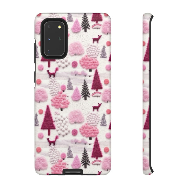 Pink Winter Woodland Aesthetic Embroidery Phone Case for iPhone, Samsung, Pixel