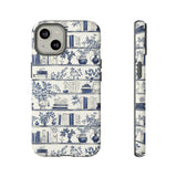 Bookshelf Phone Case - Blue and White Floral Books Protective Cover for iPhone, Samsung, Pixel