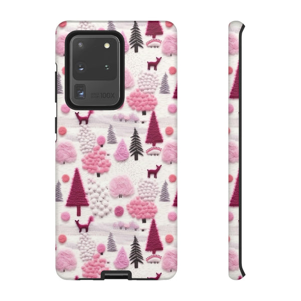 Pink Winter Woodland Aesthetic Embroidery Phone Case for iPhone, Samsung, Pixel