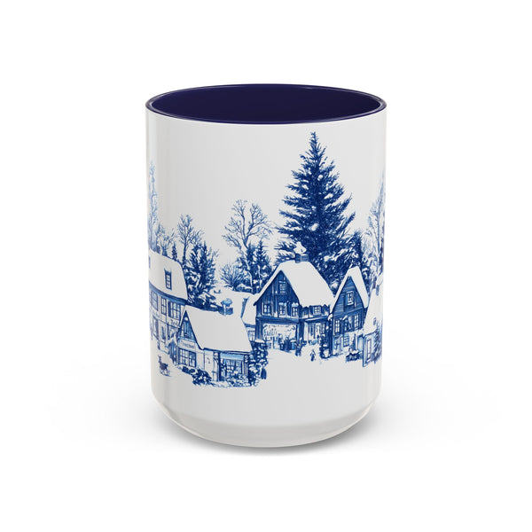 Blue Snowy Winter Village Mug - Holiday Christmas Art Cup for Coffee, Tea, Hot Cocoa