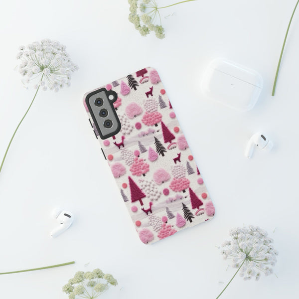 Pink Winter Woodland Aesthetic Embroidery Phone Case for iPhone, Samsung, Pixel