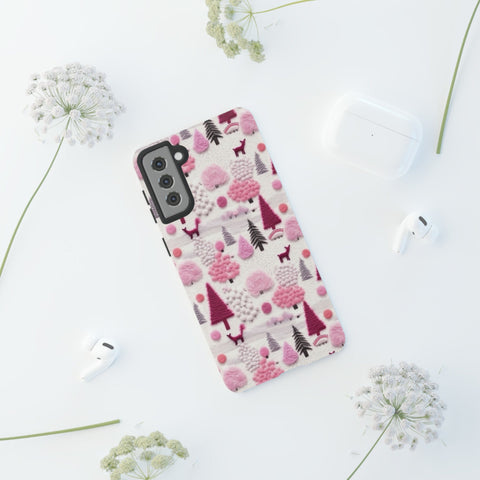 Pink Winter Woodland Aesthetic Embroidery Phone Case for iPhone, Samsung, Pixel