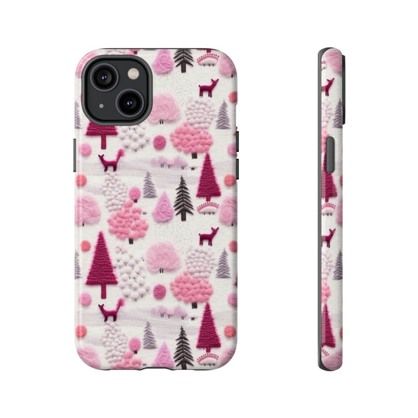 Pink Winter Woodland Aesthetic Embroidery Phone Case for iPhone, Samsung, Pixel