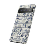 Bookshelf Phone Case - Blue and White Floral Books Protective Cover for iPhone, Samsung, Pixel