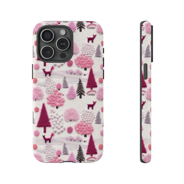 Pink Winter Woodland Aesthetic Embroidery Phone Case for iPhone, Samsung, Pixel
