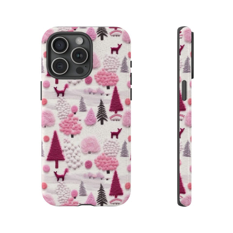 Pink Winter Woodland Aesthetic Embroidery Phone Case for iPhone, Samsung, Pixel