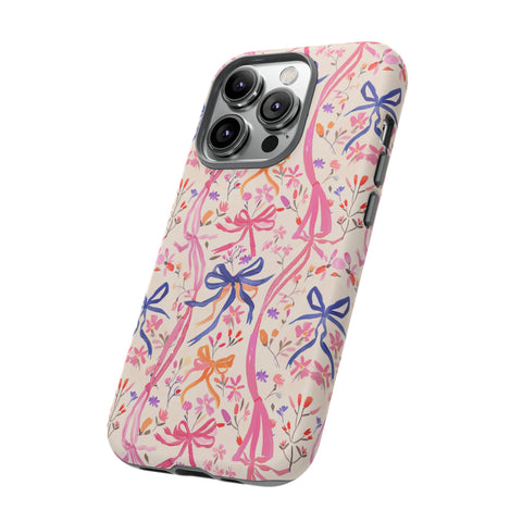 Whirly Bows Phone Case - Pink Preppy Flowers Protective Cover for iPhone, Samsung, Pixel