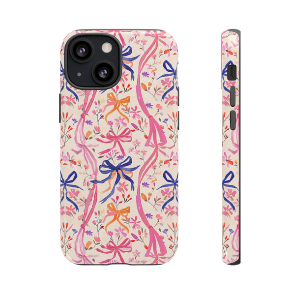 Whirly Bows Phone Case - Pink Preppy Flowers Protective Cover for iPhone, Samsung, Pixel