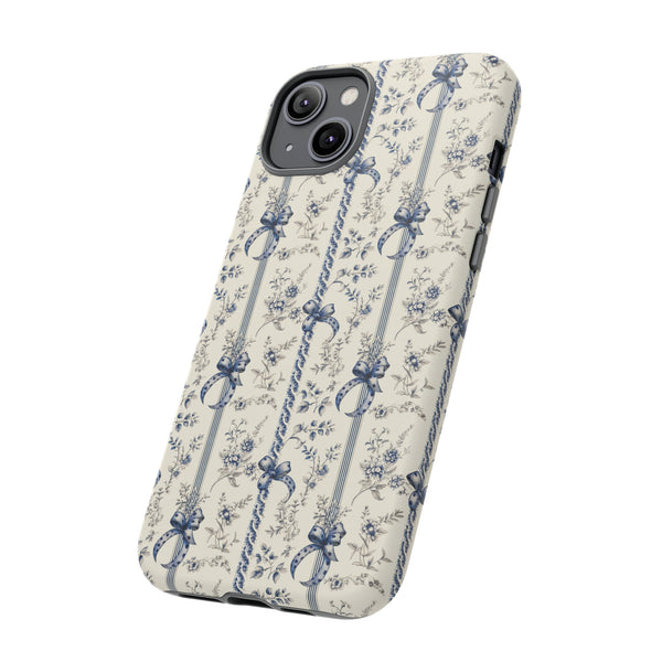 Blue Bow Phone Case - Vintage Floral Preppy Protective Phone Cover for iPhone, Samsung, Pixel