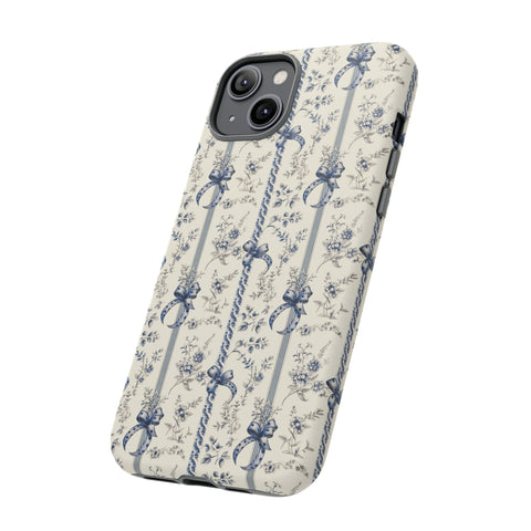 Blue Bow Phone Case - Vintage Floral Preppy Protective Phone Cover for iPhone, Samsung, Pixel