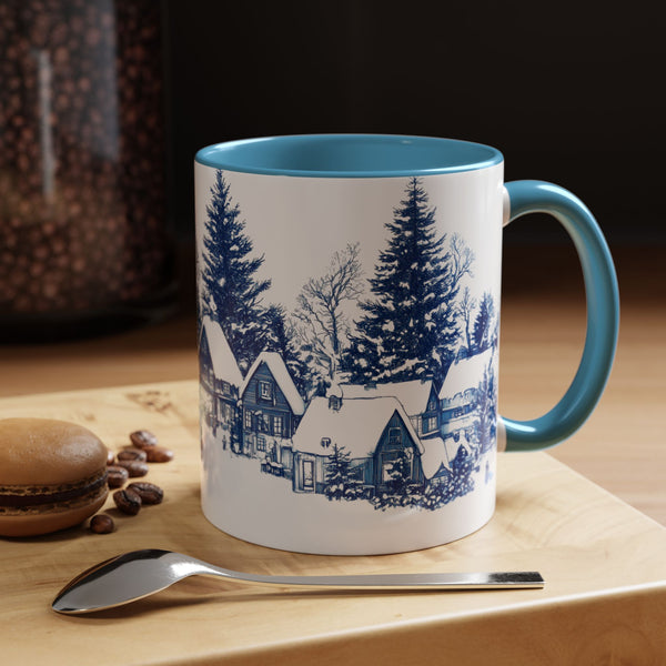 Blue Snowy Winter Village Mug - Holiday Christmas Art Cup for Coffee, Tea, Hot Cocoa