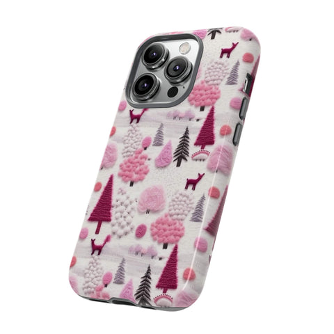 Pink Winter Woodland Aesthetic Embroidery Phone Case for iPhone, Samsung, Pixel