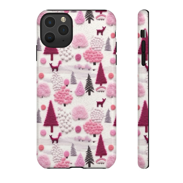 Pink Winter Woodland Aesthetic Embroidery Phone Case for iPhone, Samsung, Pixel