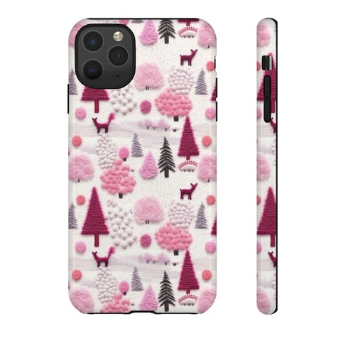 Pink Winter Woodland Aesthetic Embroidery Phone Case for iPhone, Samsung, Pixel