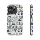 Bookshelf Phone Case - Blue and White Floral Books Protective Cover for iPhone, Samsung, Pixel