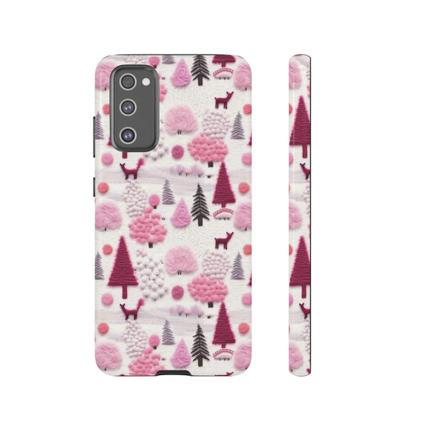 Pink Winter Woodland Aesthetic Embroidery Phone Case for iPhone, Samsung, Pixel