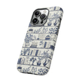 Bookshelf Phone Case - Blue and White Floral Books Protective Cover for iPhone, Samsung, Pixel