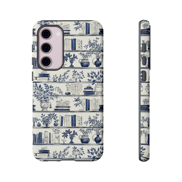 Bookshelf Phone Case - Blue and White Floral Books Protective Cover for iPhone, Samsung, Pixel