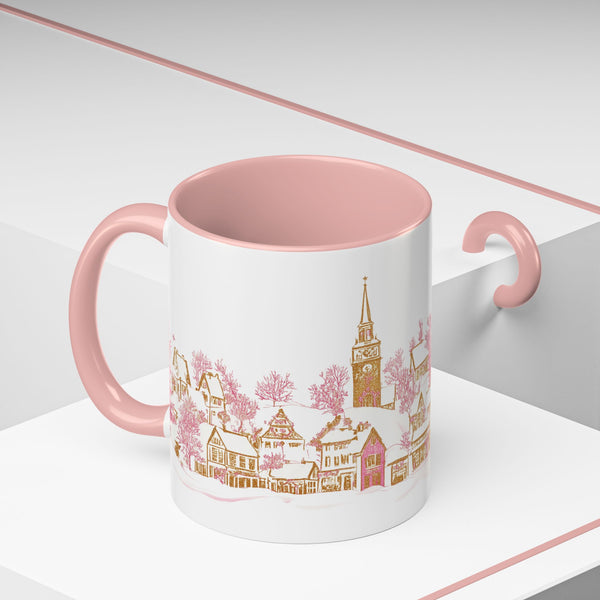 Pink Christmas Village Mug - Festive Aesthetic Holiday Cup for Coffee, Tea, Hot Cocoa