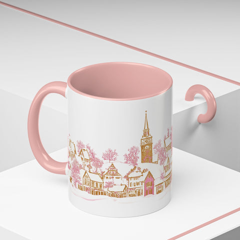 Pink Christmas Village Mug - Festive Aesthetic Holiday Cup for Coffee, Tea, Hot Cocoa