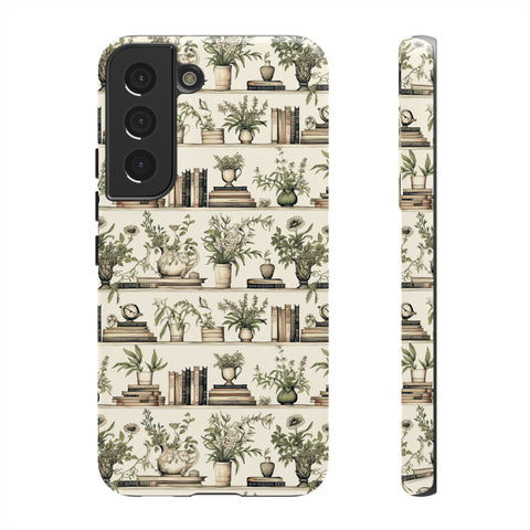 Bookshelf Phone Case - Neutral Beige Books and Plants Protective Cover for iPhone, Samsung, Pixel