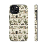 Bookshelf Phone Case - Neutral Beige Books and Plants Protective Cover for iPhone, Samsung, Pixel