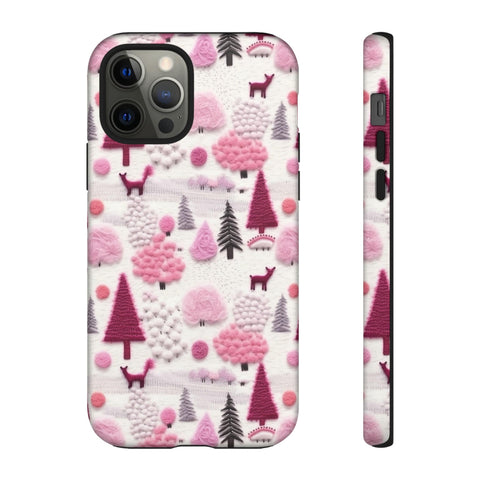 Pink Winter Woodland Aesthetic Embroidery Phone Case for iPhone, Samsung, Pixel