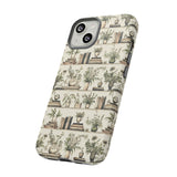 Bookshelf Phone Case - Neutral Beige Books and Plants Protective Cover for iPhone, Samsung, Pixel