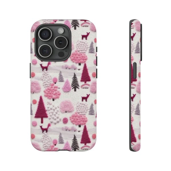 Pink Winter Woodland Aesthetic Embroidery Phone Case for iPhone, Samsung, Pixel