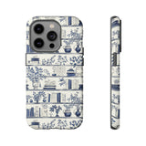 Bookshelf Phone Case - Blue and White Floral Books Protective Cover for iPhone, Samsung, Pixel