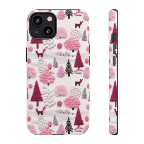 Pink Winter Woodland Aesthetic Embroidery Phone Case for iPhone, Samsung, Pixel