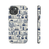 Bookshelf Phone Case - Blue and White Floral Books Protective Cover for iPhone, Samsung, Pixel