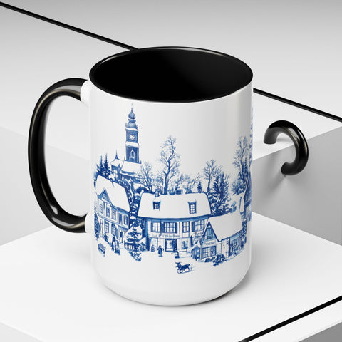Blue Snowy Winter Village Mug - Holiday Christmas Art Cup for Coffee, Tea, Hot Cocoa