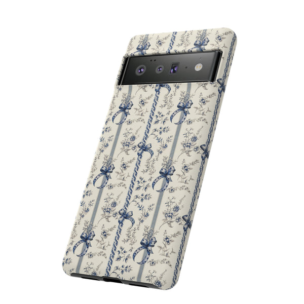 Blue Bow Phone Case - Vintage Floral Preppy Protective Phone Cover for iPhone, Samsung, Pixel