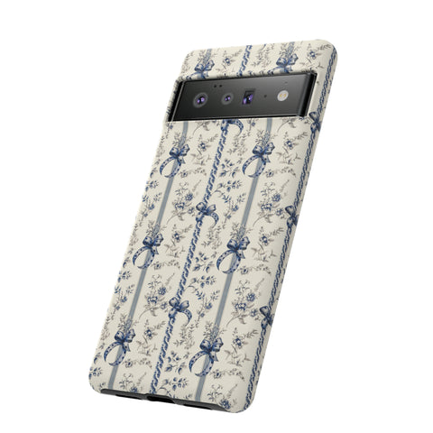 Blue Bow Phone Case - Vintage Floral Preppy Protective Phone Cover for iPhone, Samsung, Pixel