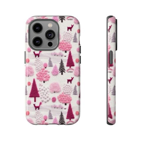 Pink Winter Woodland Aesthetic Embroidery Phone Case for iPhone, Samsung, Pixel
