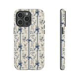 Blue Bow Phone Case - Vintage Floral Preppy Protective Phone Cover for iPhone, Samsung, Pixel