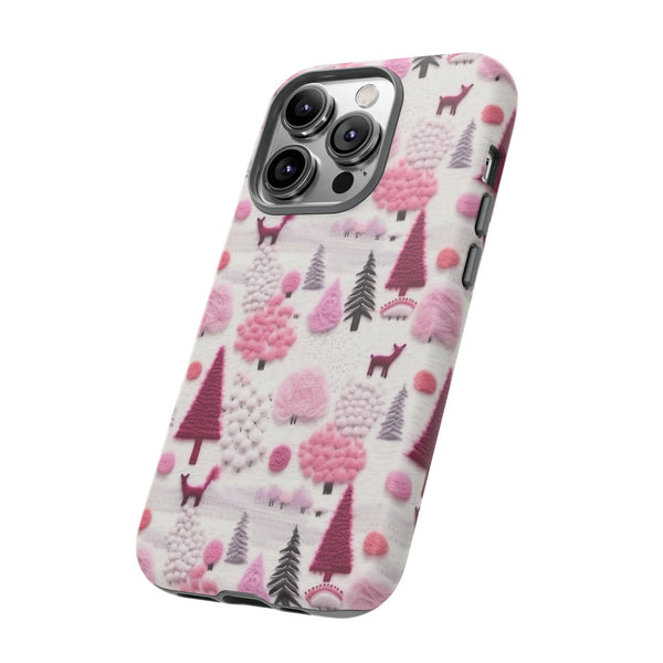Pink Winter Woodland Aesthetic Embroidery Phone Case for iPhone, Samsung, Pixel