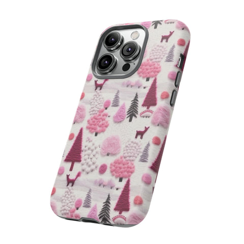 Pink Winter Woodland Aesthetic Embroidery Phone Case for iPhone, Samsung, Pixel