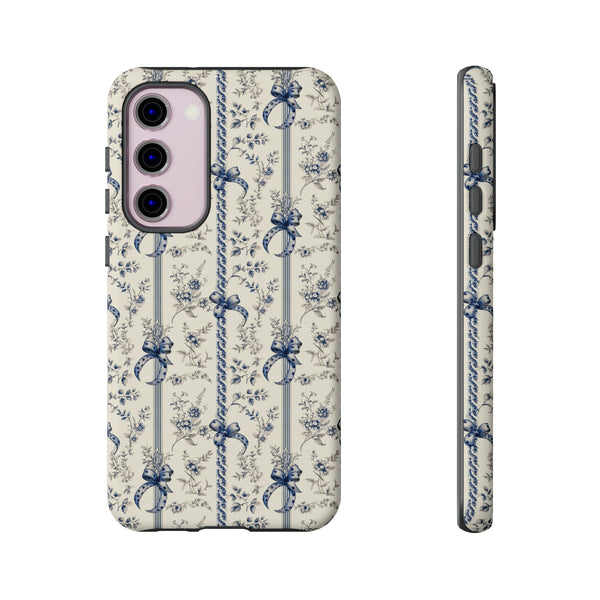 Blue Bow Phone Case - Vintage Floral Preppy Protective Phone Cover for iPhone, Samsung, Pixel