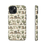 Bookshelf Phone Case - Neutral Beige Books and Plants Protective Cover for iPhone, Samsung, Pixel