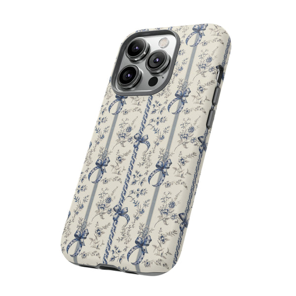 Blue Bow Phone Case - Vintage Floral Preppy Protective Phone Cover for iPhone, Samsung, Pixel