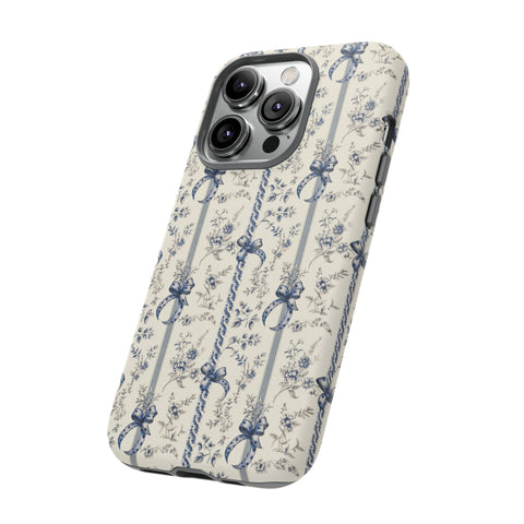 Blue Bow Phone Case - Vintage Floral Preppy Protective Phone Cover for iPhone, Samsung, Pixel