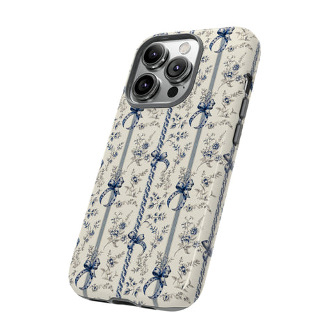Blue Bow Phone Case - Vintage Floral Preppy Protective Phone Cover for iPhone, Samsung, Pixel