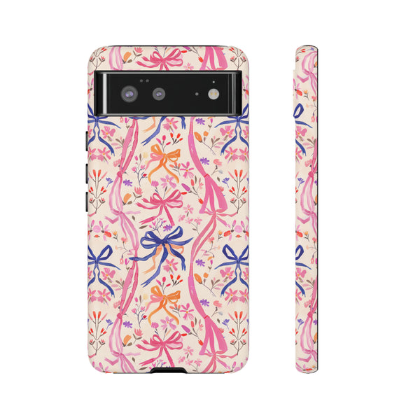 Whirly Bows Phone Case - Pink Preppy Flowers Protective Cover for iPhone, Samsung, Pixel