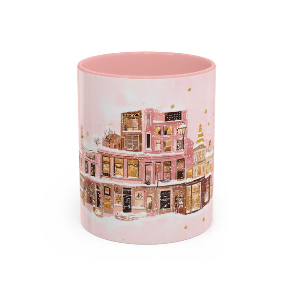 Pink Christmas Town Mug - Festive Holiday Village Art Cup for Coffee, Tea, Hot Chocolate