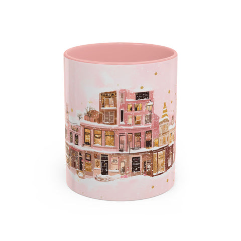 Pink Christmas Town Mug - Festive Holiday Village Art Cup for Coffee, Tea, Hot Chocolate